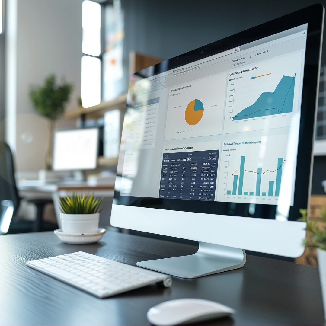 A sleek office setup with a computer screen displaying financial analytics, business performance graphs, and revenue tracking. The workspace includes a keyboard, mouse, and a small potted plant.