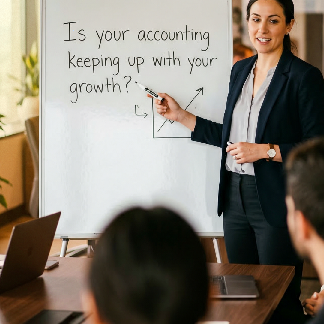 Business professional presenting accounting growth strategy on whiteboard asking if accounting processes can keep up with business growth